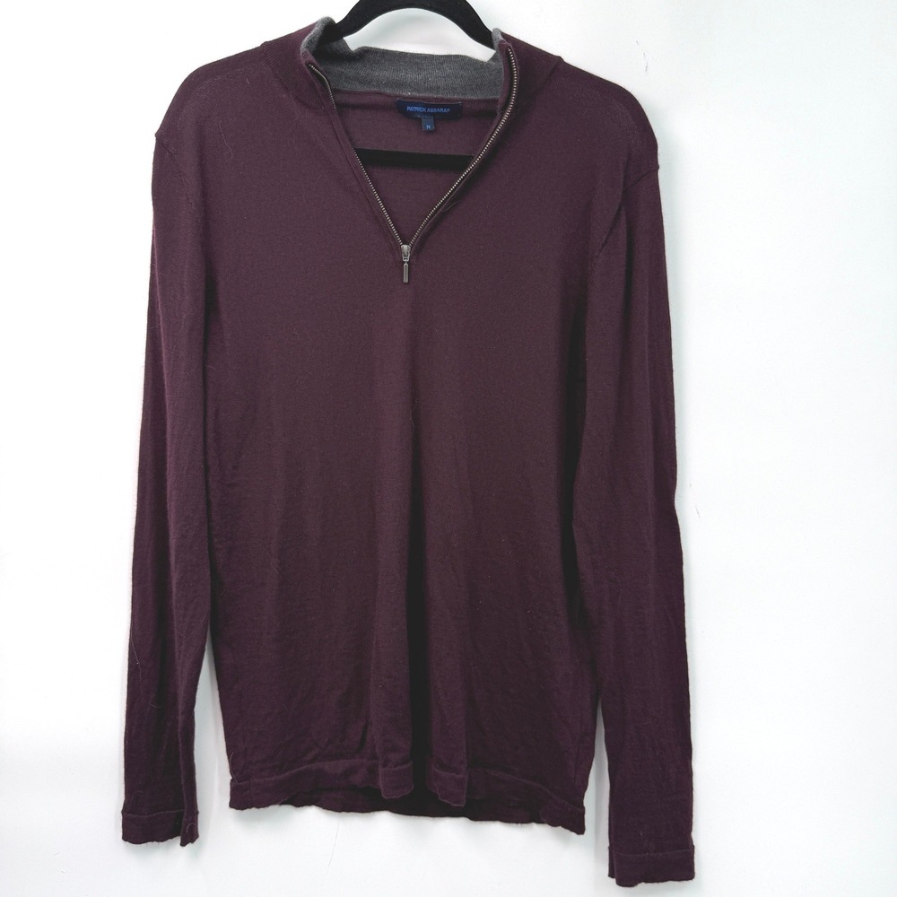 Patrick Assaraf Mens M Burgundy Merino Wool 1/4 Zip Sweater‎ Classic *flaw